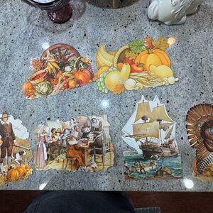 Thanksgiving Vintage Die-Cut Paper Ephemera - Harvest & Pilgrim Scenes